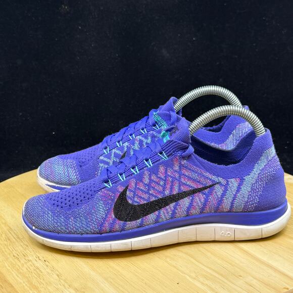 WOMENS 7.5 NIKE FREE 4.0 FLYKNIT RUNNING SHOES PURPLE BLUE WHITE 717076 501 - Picture 7 of 10